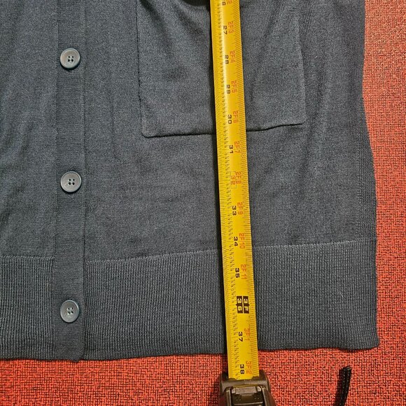 Halogen Merino Wool Blend Long Ribbed Cardigan L Teal Pockets Side Slits Relaxed - Picture 8 of 9